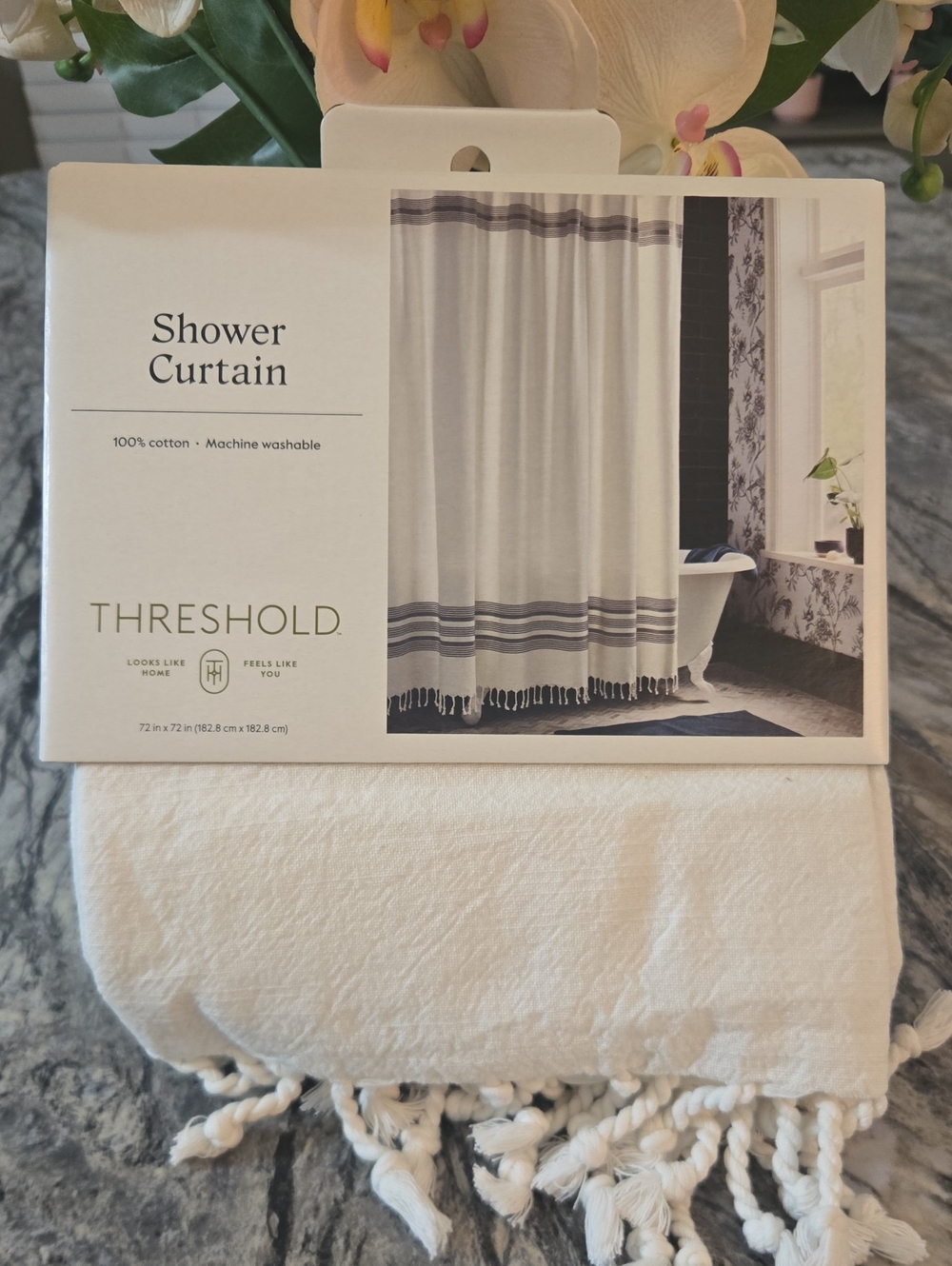 Threshold Cotton Shower Curtain with Navy Stripe and Fringe
